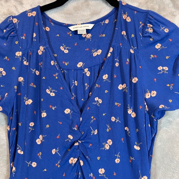 American Eagle Mini Dress Women's XS Blue Ditsy Floral Babydoll Cap Sleeve YTK - Picture 3 of 9